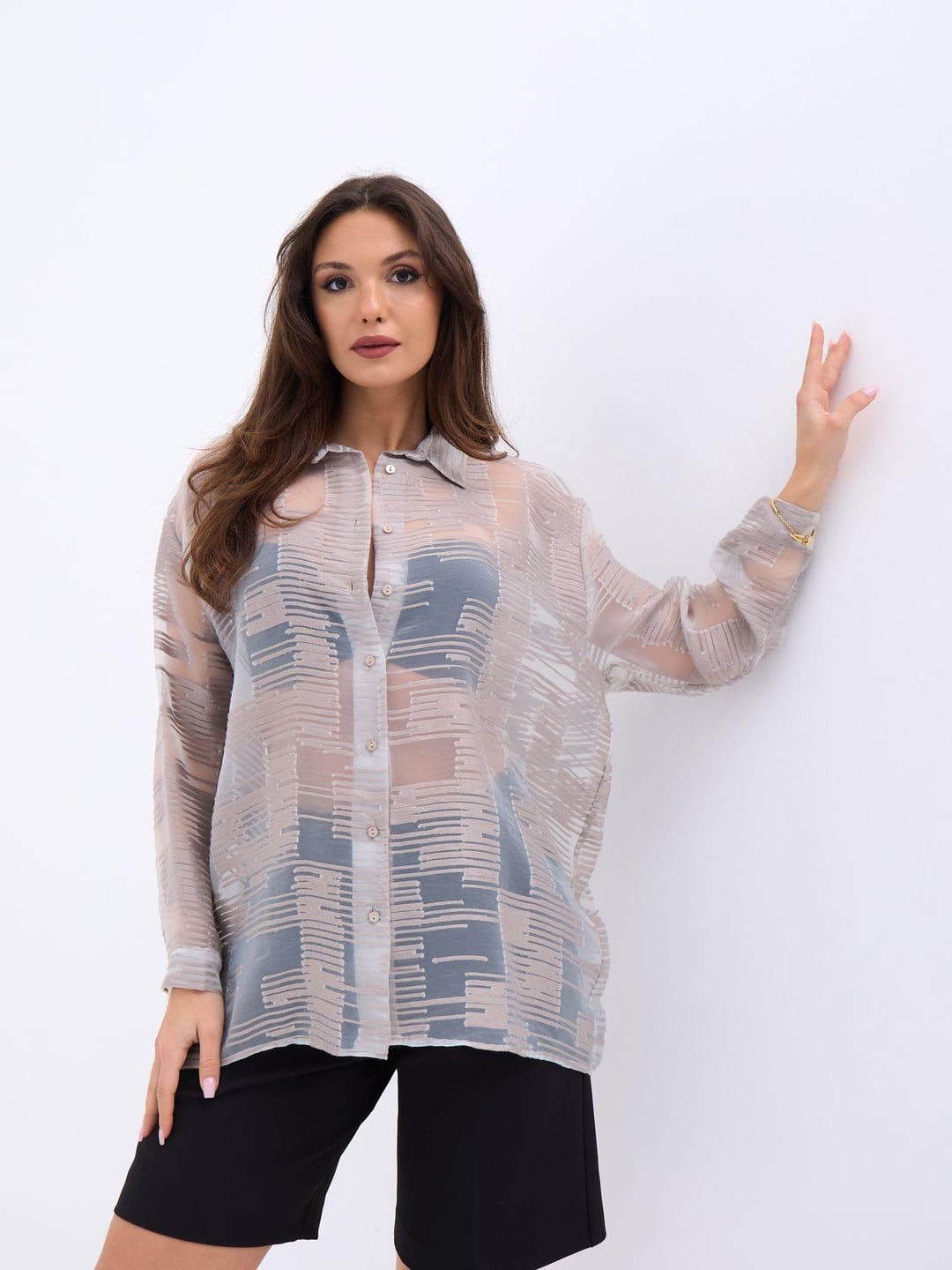 Sheer Striped Long-Sleeve Blouse in Light Beige - Fame - by Peralane - photo 5