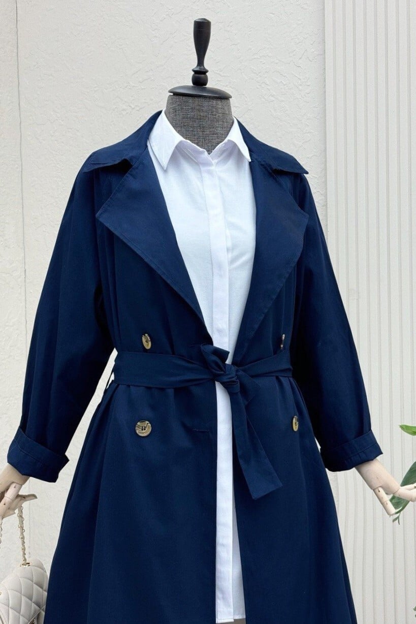 Navy Blue Double-Breasted Trench Coat with Belt - Podyumplus - by Peralane - photo 5