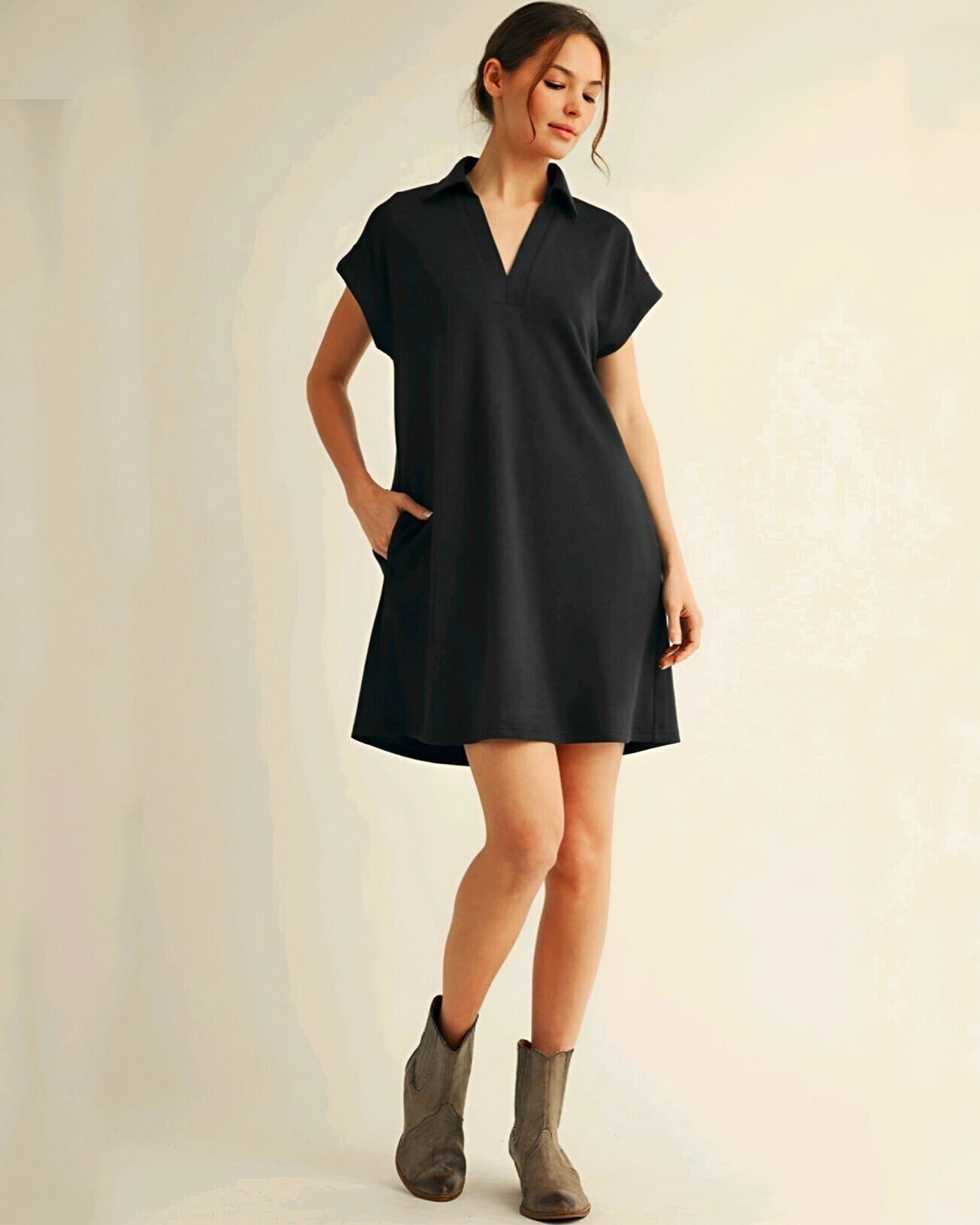 Lapel Collar Pocket Suprem Jersey Dress - Black - Podyumplus - by Peralane - photo 3