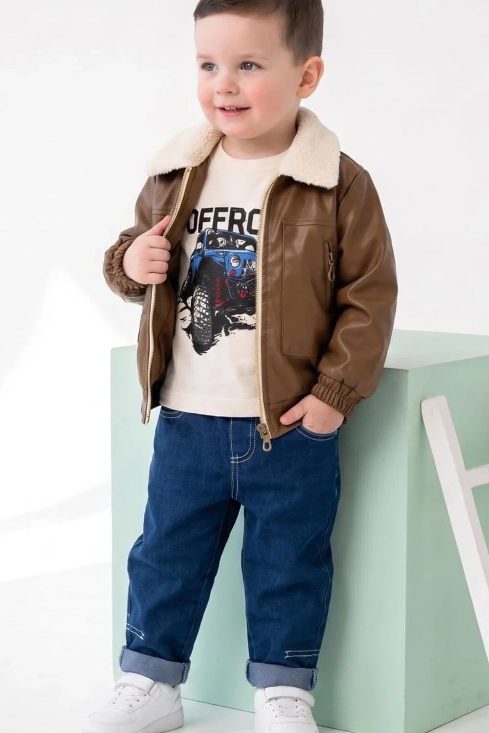 Boys' 3-Piece Set with Faux Leather Jacket - Brown - Has Bereket - by Peralane