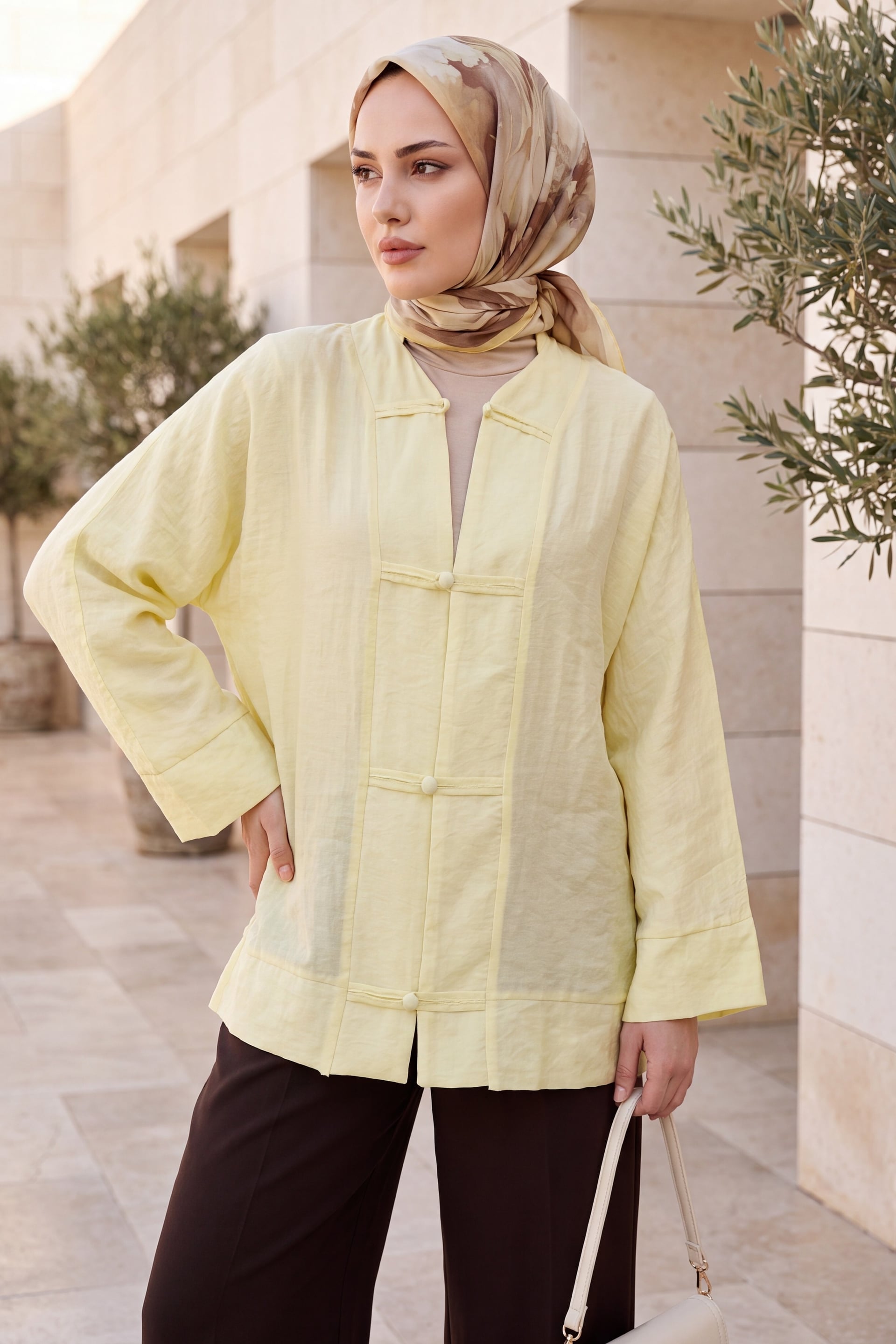 Bias-Button V-Neck Organza Voile Oversize Kimono in Yellow - Podyumplus - by Peralane - photo 2