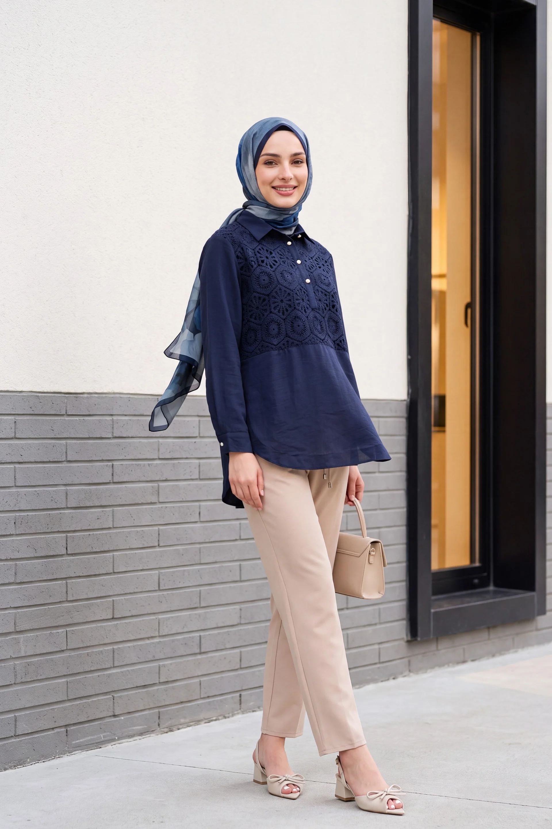 Navy Blue Lace Trim Button-Front Tunic Shirt for Women - Podyumplus - by Peralane - photo 2