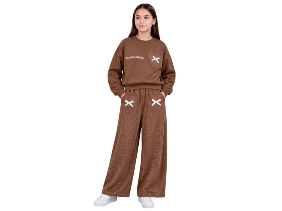 Girls' Brown Knit Two-Piece Set with Heart Pocket - Ages 6-10 - Incilay - by Peralane