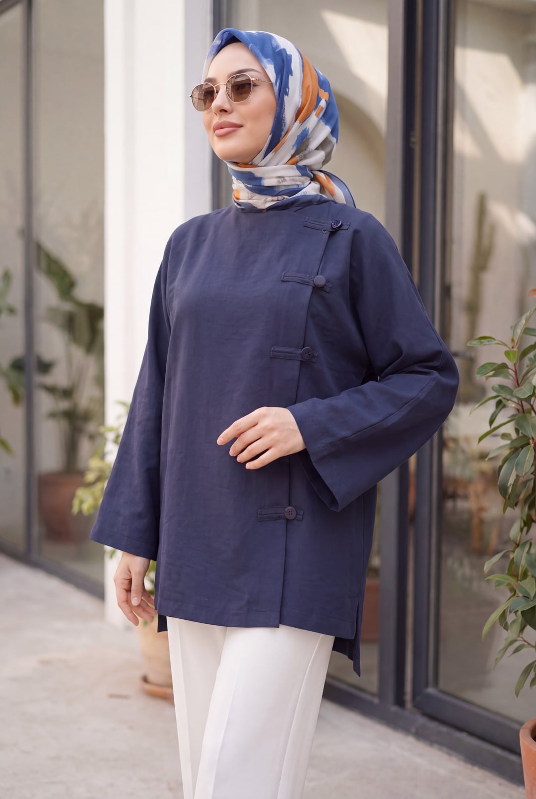 Round Neck Button Front Long Back Polyviscose Tunic - Navy - Podyumplus - by Peralane - photo 5