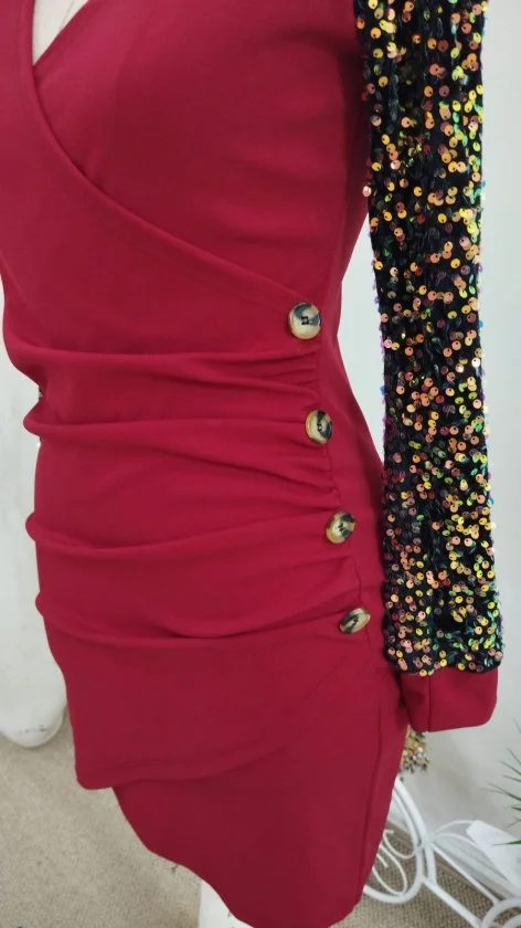 Women's Long Sleeve Sequin Wrap Dress with Side Buttons - Red and Black - Janes - by Peralane - photo 7