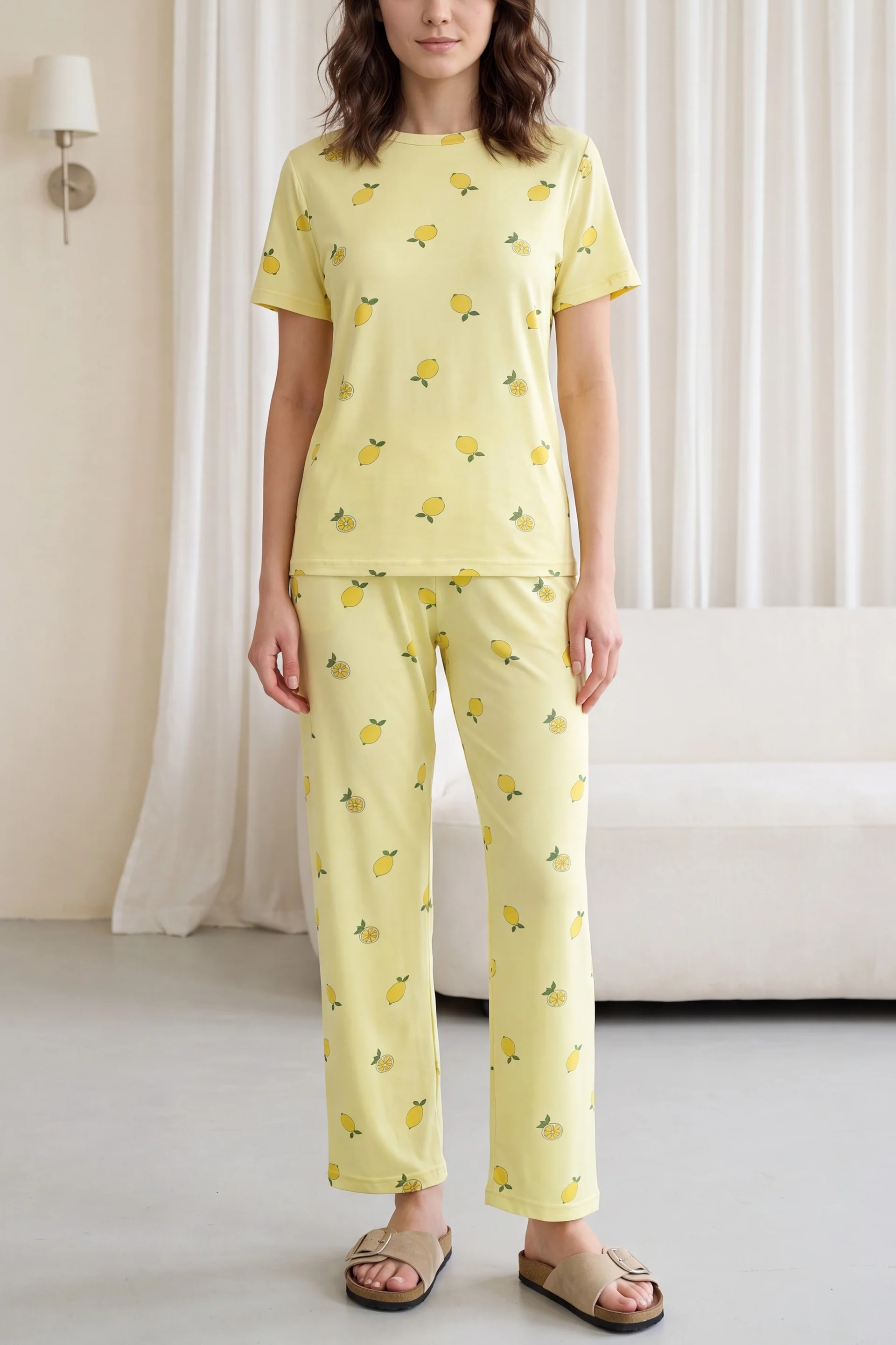 Lemon Print Crew Neck Short Sleeve Cotton Pyjama Set - Yellow - Podyumplus - by Peralane