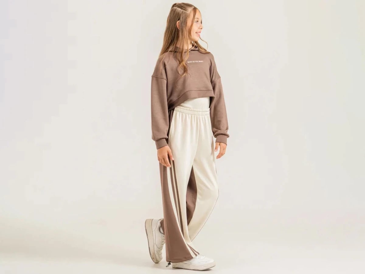 Girls' Printed Cropped Sweatshirt and Wide-Leg Trousers Set (Brown) - ÖZ Bebe - by Peralane