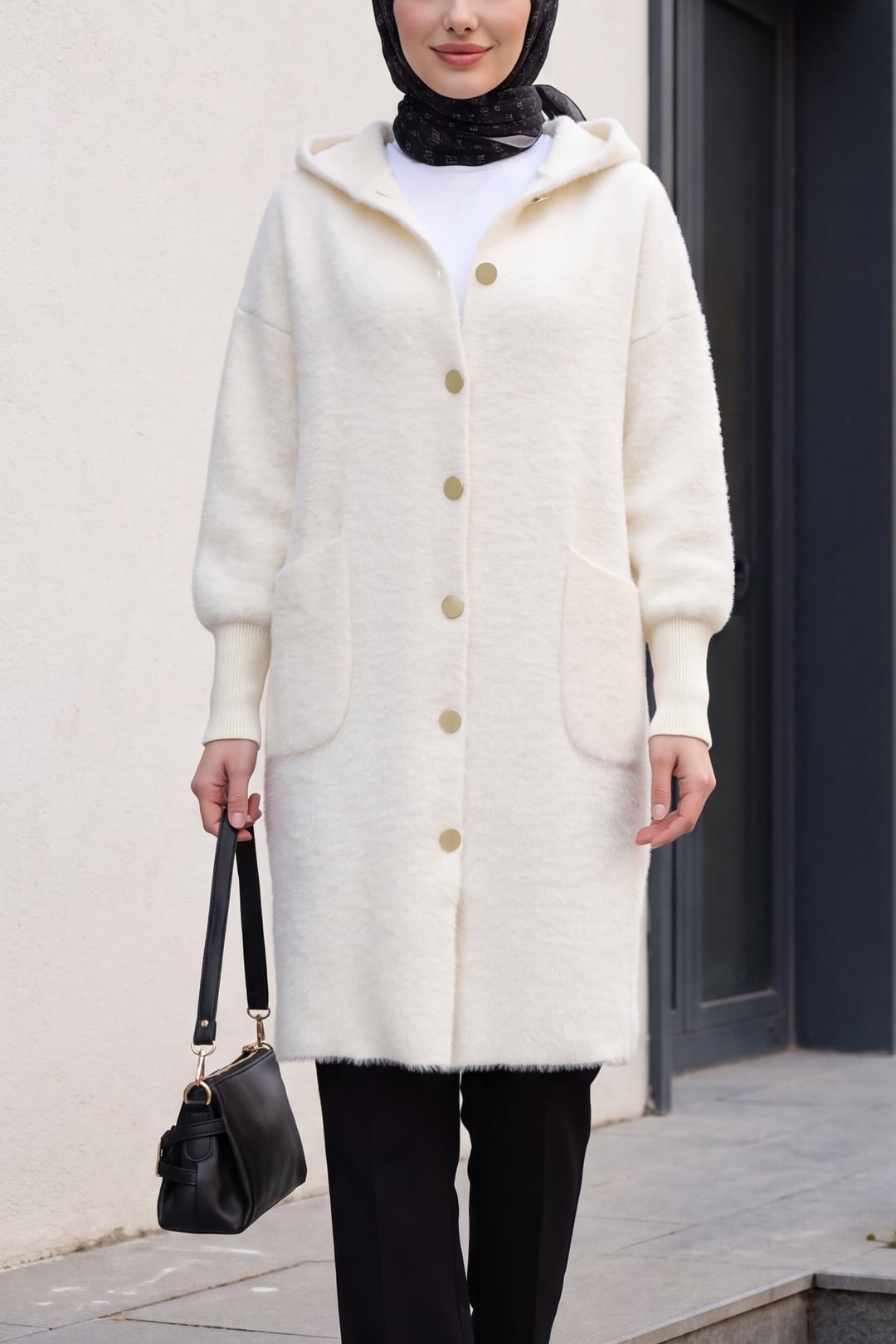 Hooded Double-Pocket Button-Front Fringe Cardigan - Ecru - Podyumplus - by Peralane