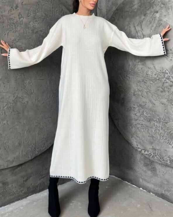Ribbed Long Knit Dress - Ecru - Podyumplus - by Peralane - photo 4