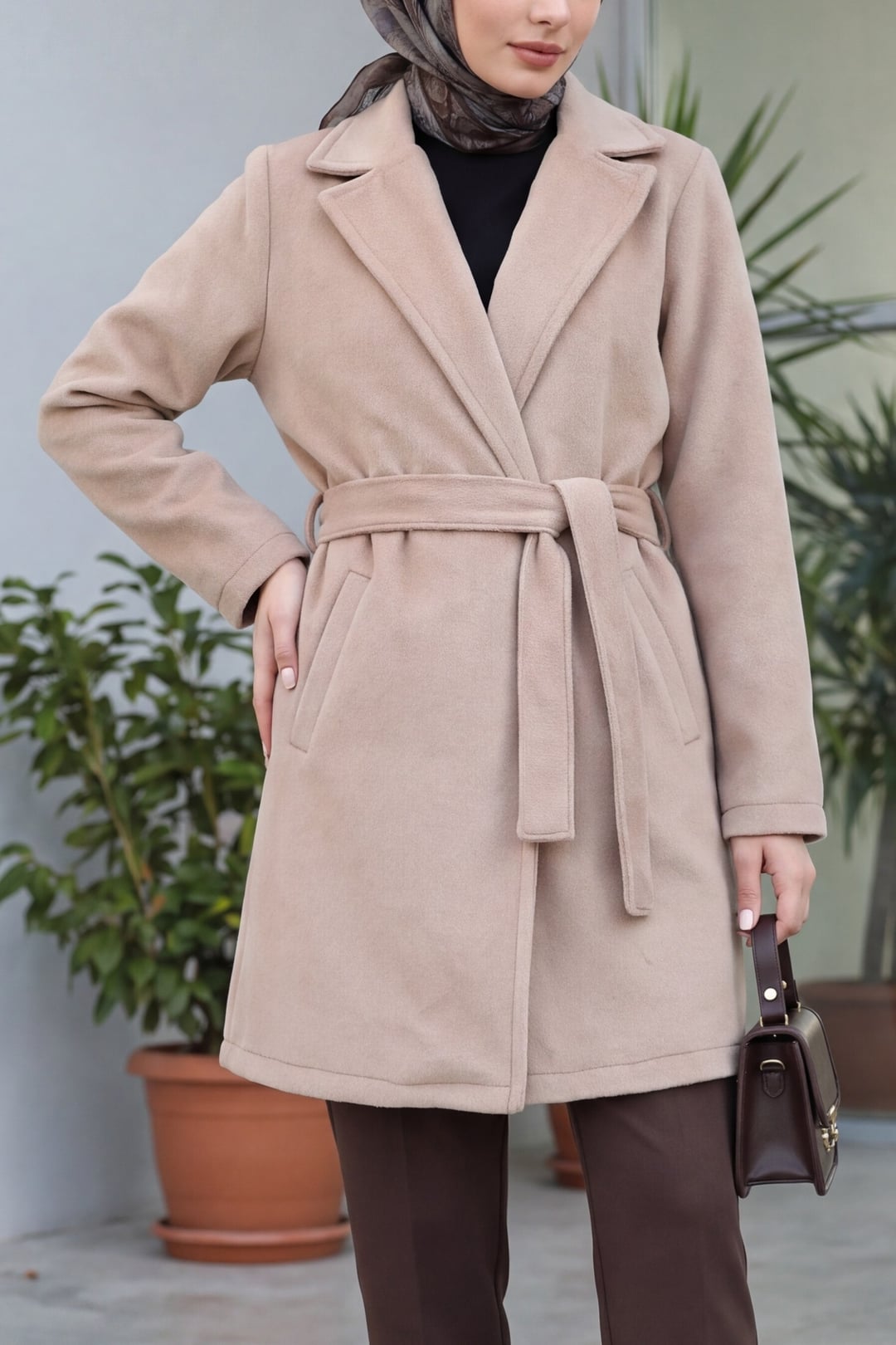 Women's Belted Coat - Light Beige - Bigdart - by Peralane
