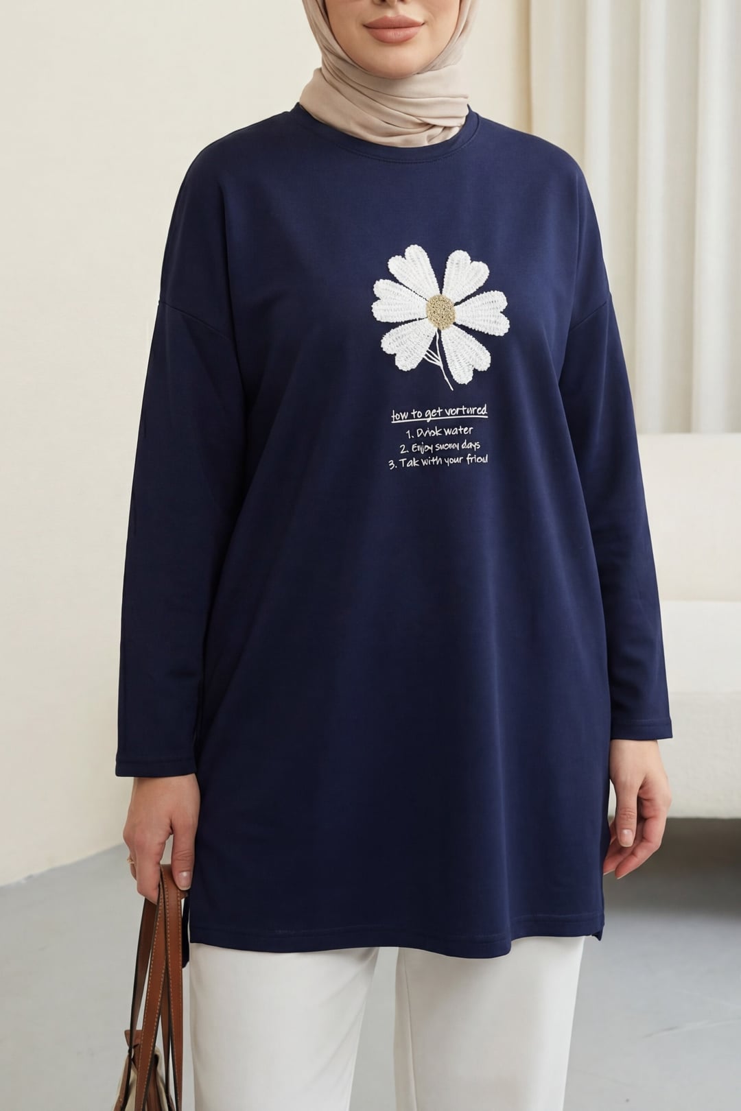 Navy Floral Embroidered Crew Neck Knit Tunic - Podyumplus - by Peralane - photo 3