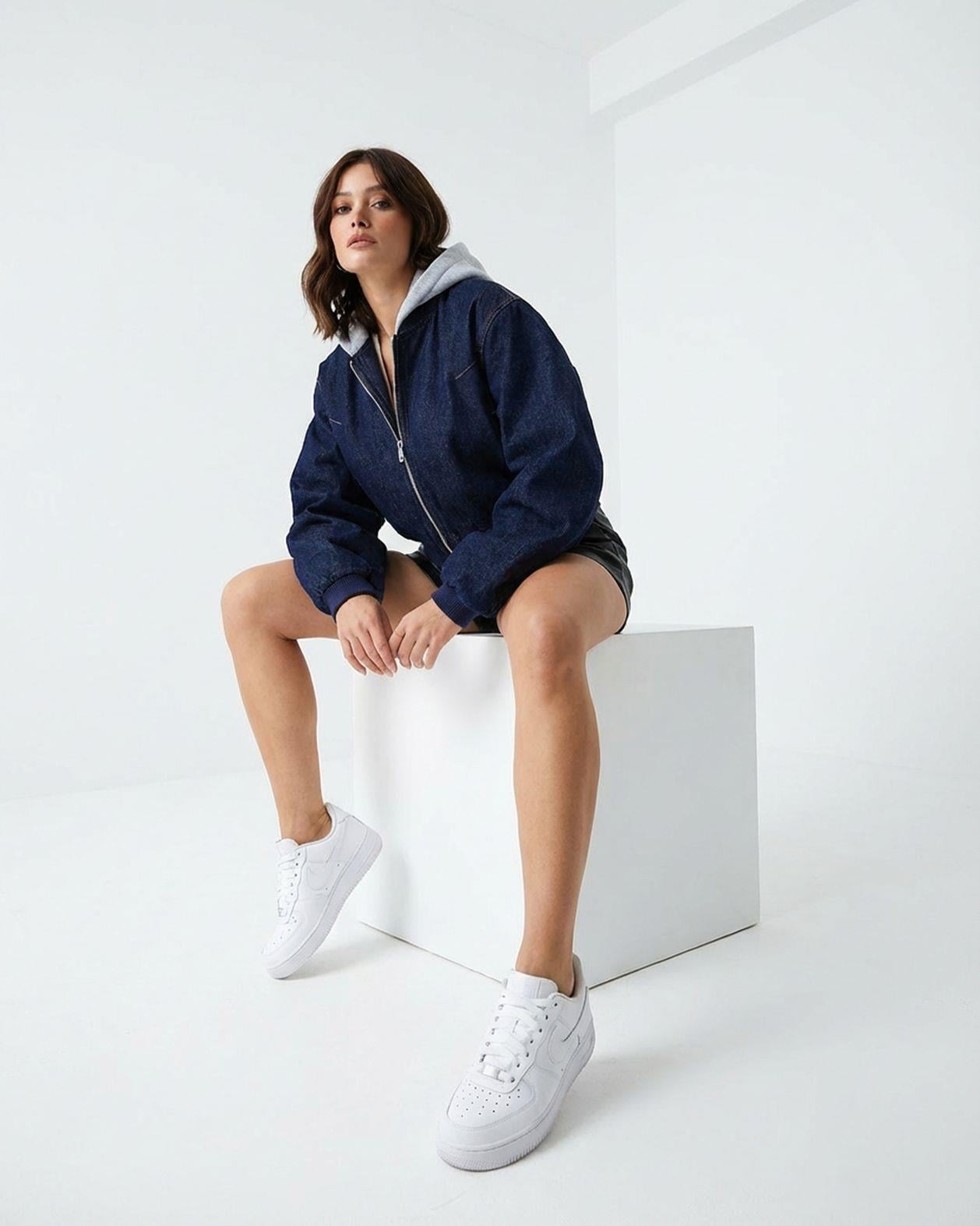 Women's Cotton Denim Jacket with Hooded Lining - Dark Navy - Fame - by Peralane - photo 2