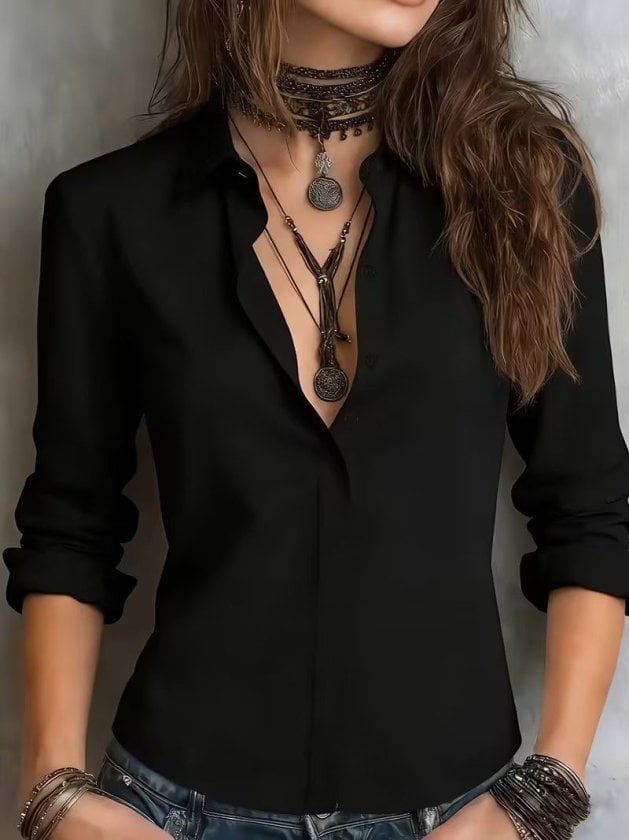 Women's Long-Sleeve Collared Button-Front Woven Viscose Shirt in Black - Janes - by Peralane