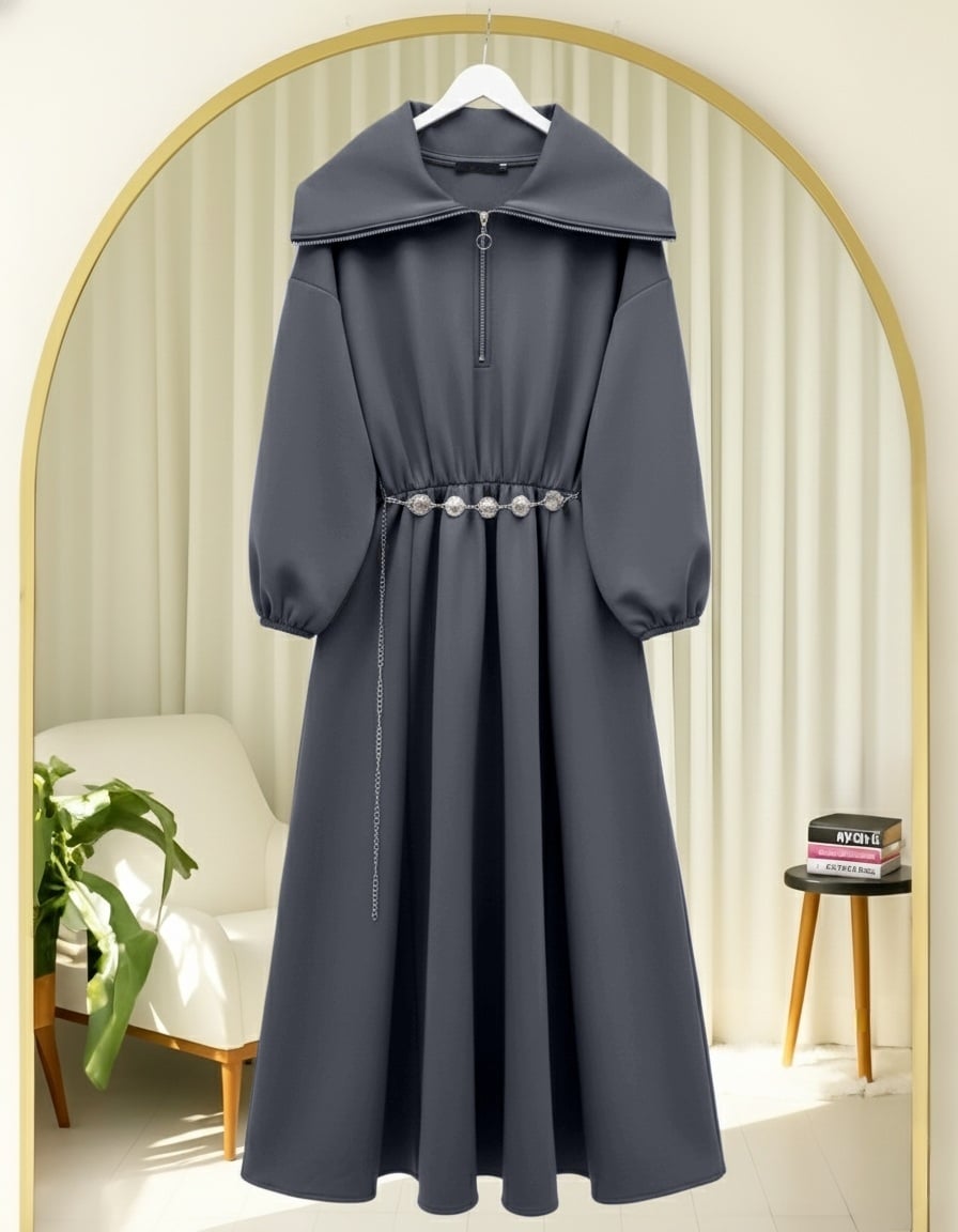 Women's Scuba Dress with Half-Zip, Belted Waist, and Long Sleeves – Smoke Grey - Podyumplus - by Peralane - photo 3