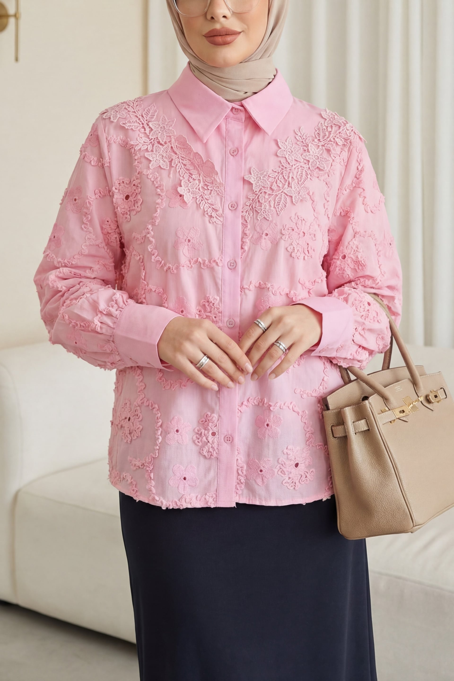 Pink Floral Embroidered Scalloped Button Blouse - Mira Fabric - Podyumplus - by Peralane - photo 2