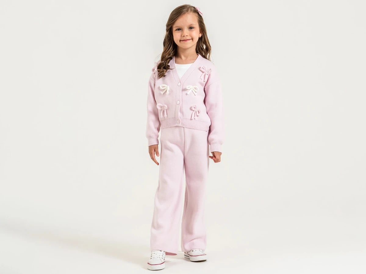 Pale Pink Knit Cardigan and Trousers Set for Girls with Bow Embroidery - Pampal Kids - by Peralane