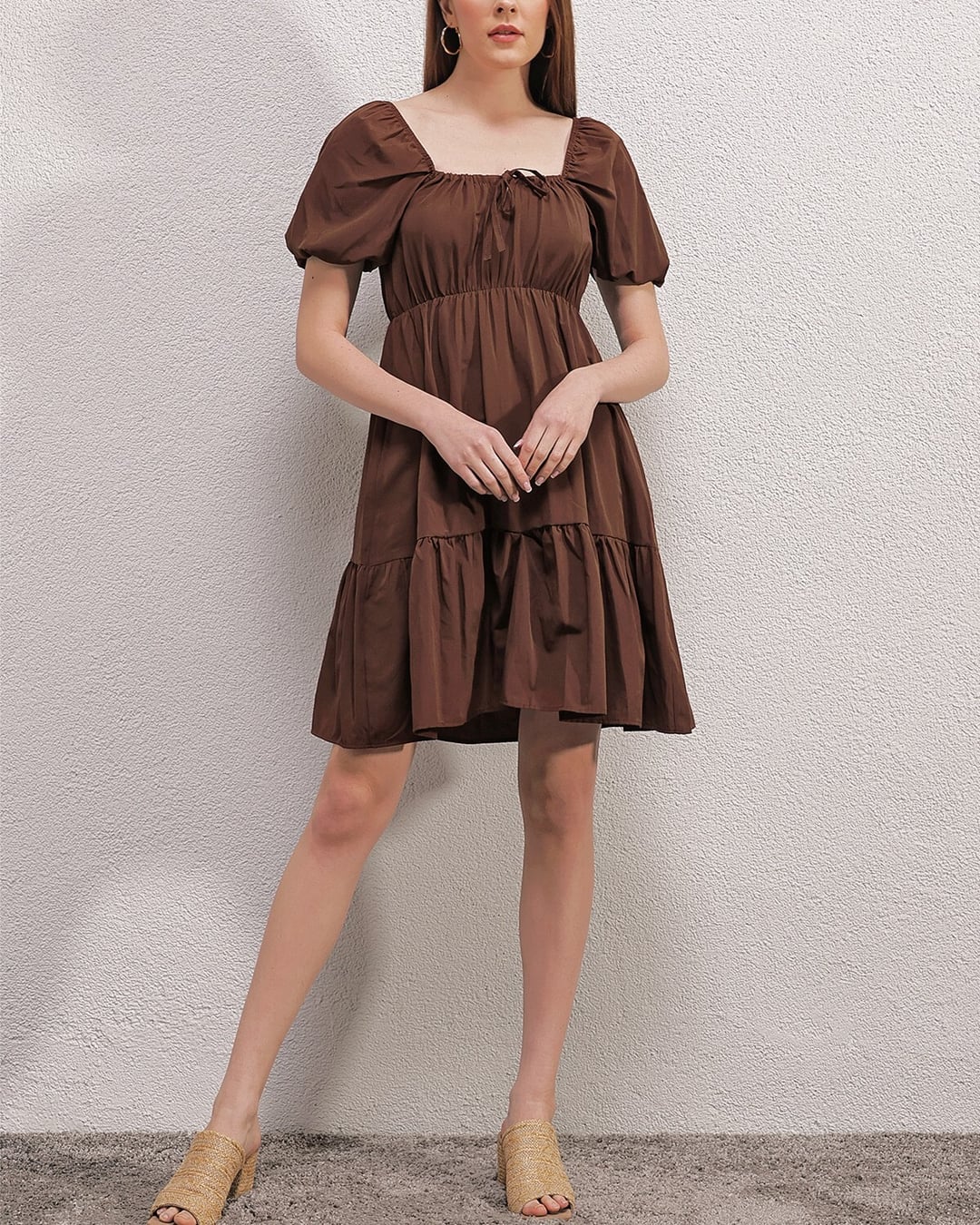 2351 Flared Poplin Dress - Brown - Bigdart - by Peralane