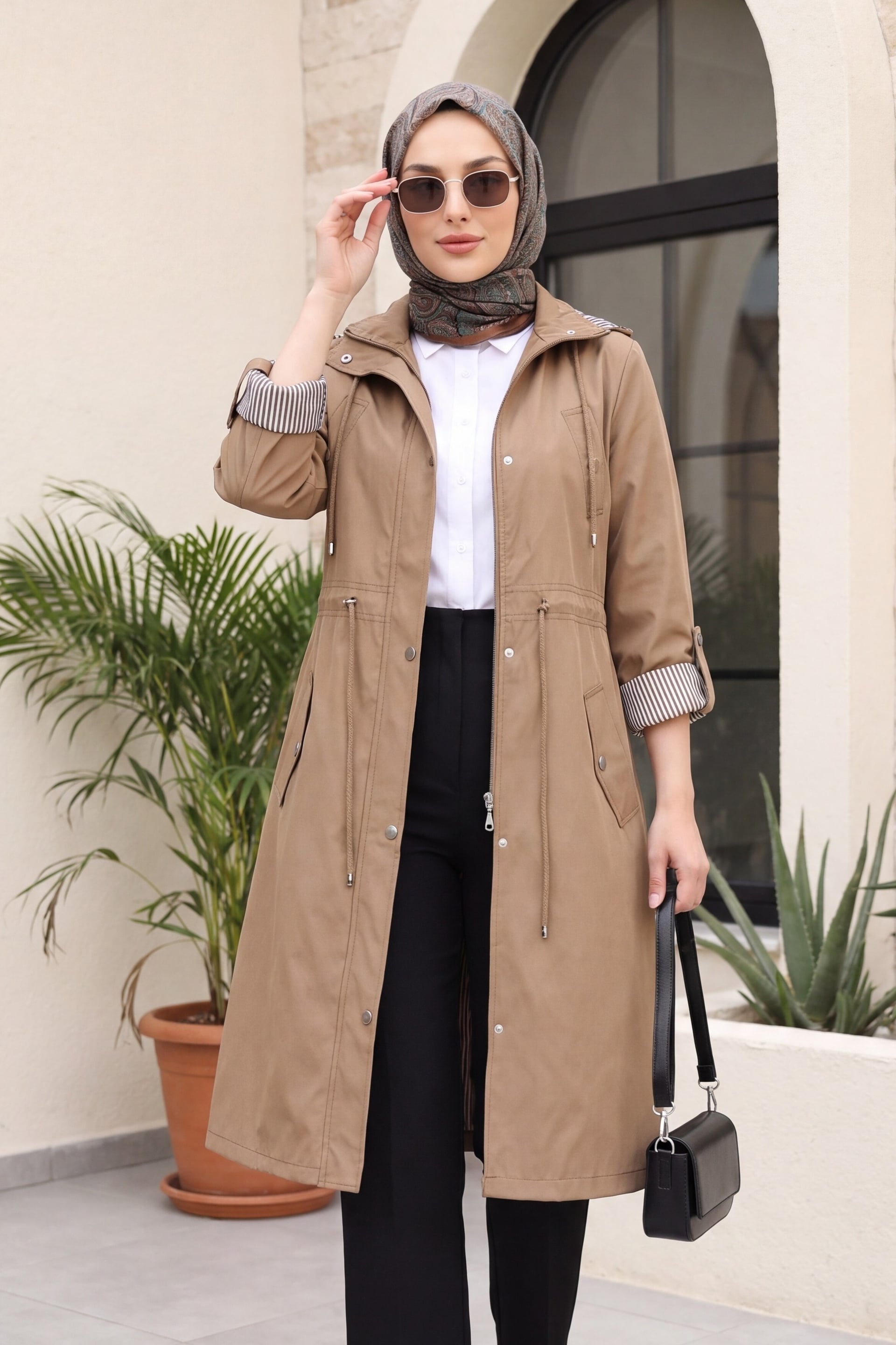 Striped Lining Trench Coat - Tan - Podyumplus - by Peralane