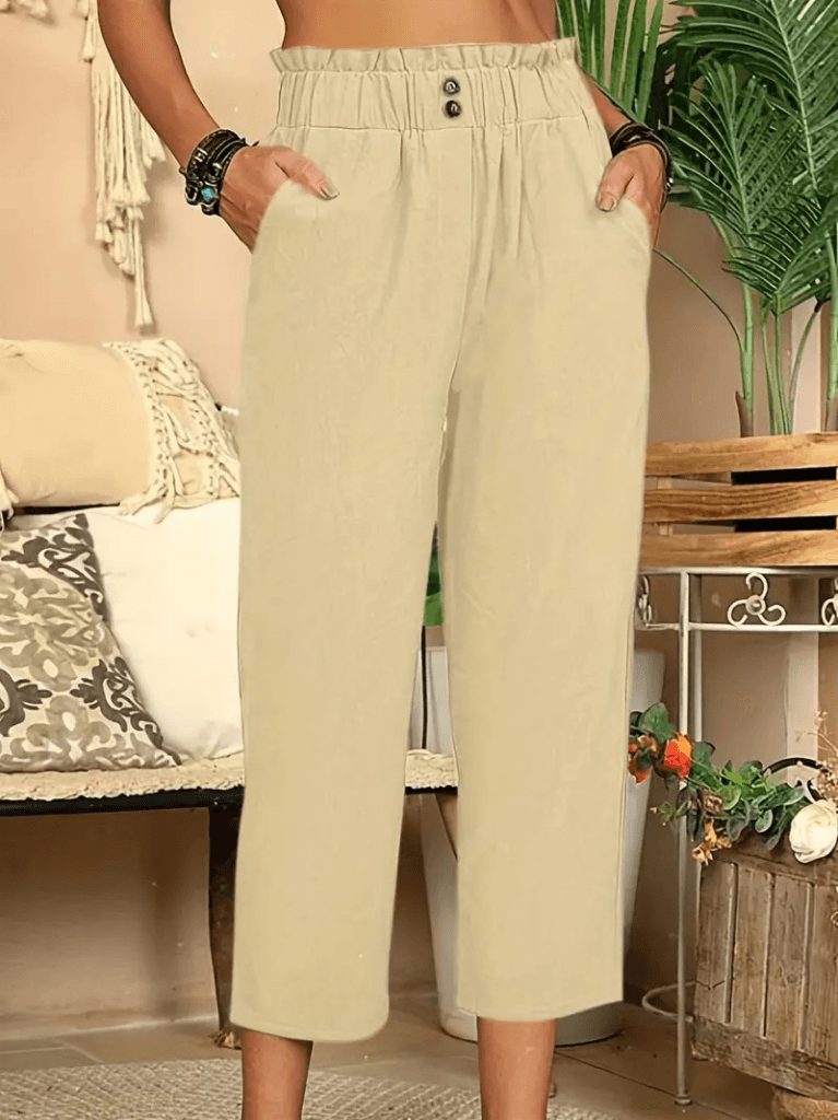 Women's Beige Wide-Leg Linen-Blend Trousers with Elasticated Waist - Janes - by Peralane - photo 2