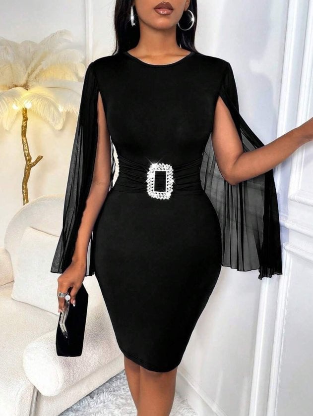 Women's Short Cape Sleeve Round Neck Buckle Crepe Dress - Janes - by Peralane - photo 3