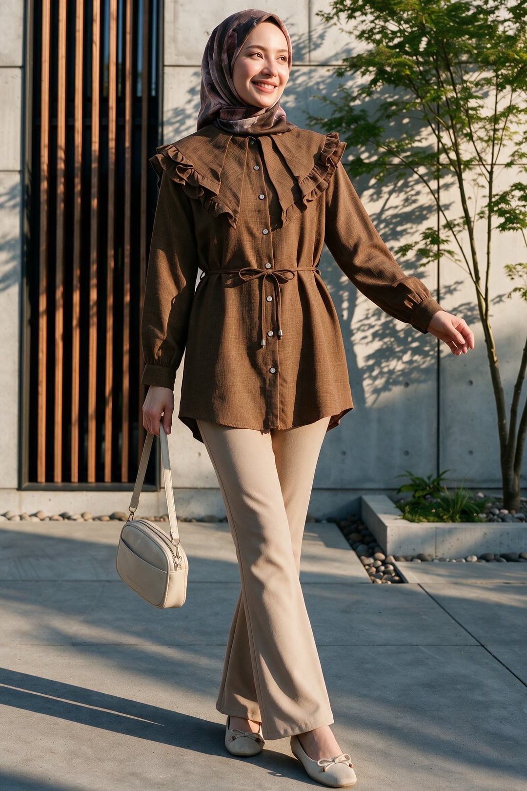 High-Waisted Flared Scuba Trousers - Beige - Podyumplus - by Peralane - photo 4