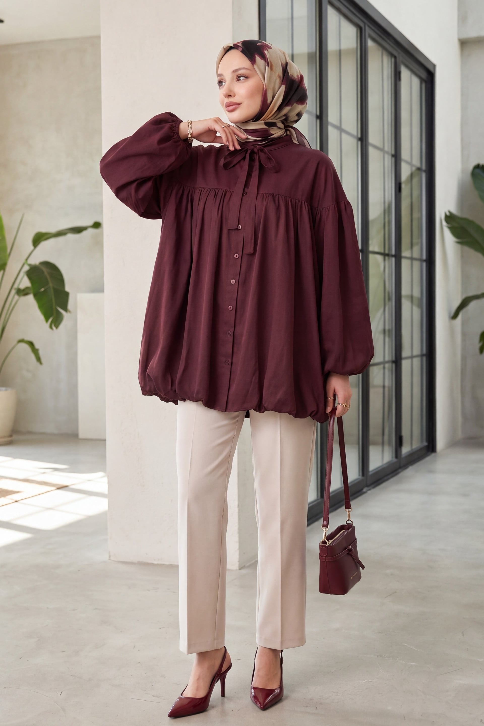 Tie-Neck Button-Front Balloon Sleeve Cupro Tunic - Deep Plum - Podyumplus - by Peralane - photo 4