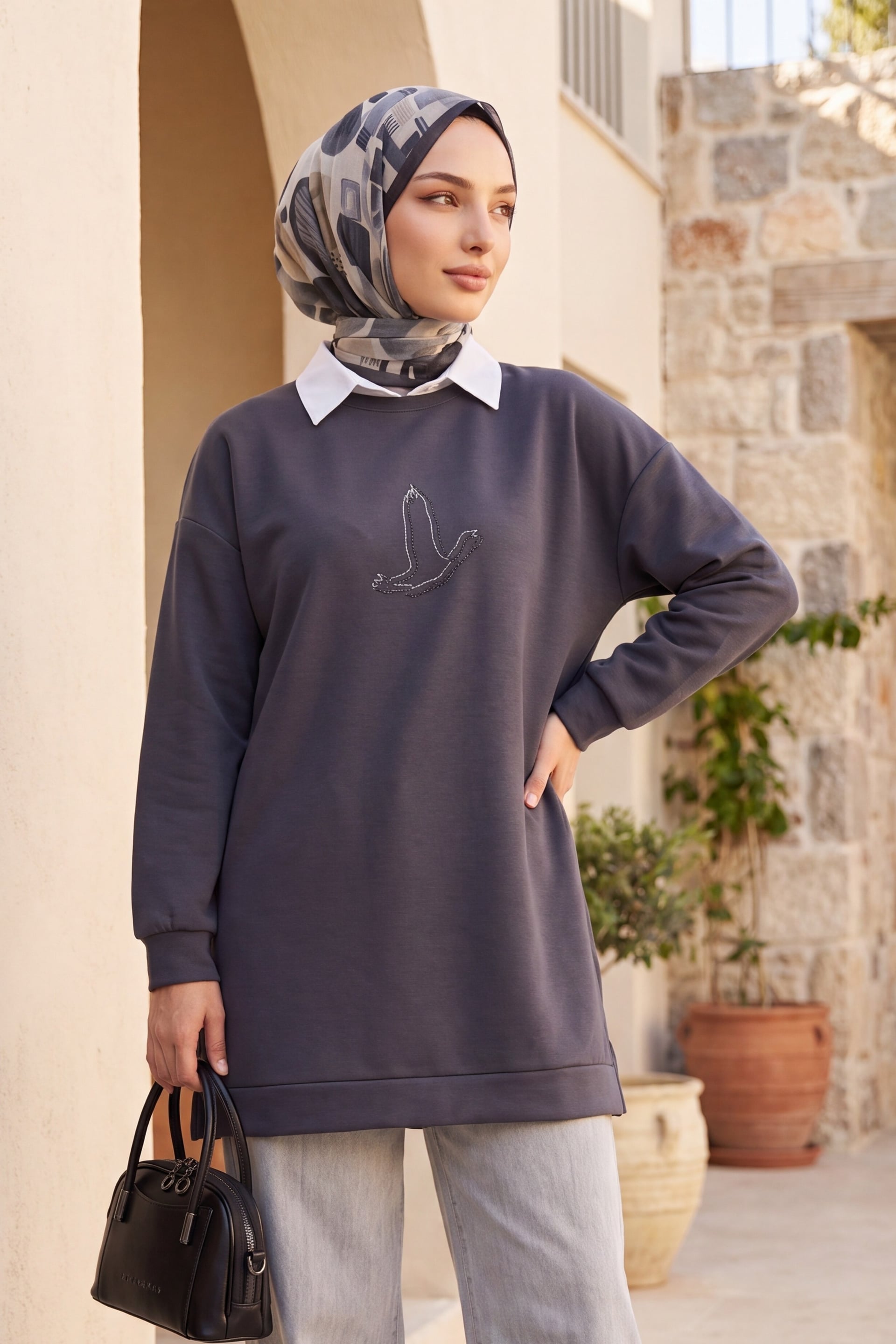 Bird Motif Embroidered Tunic - Dark Grey - Podyumplus - by Peralane