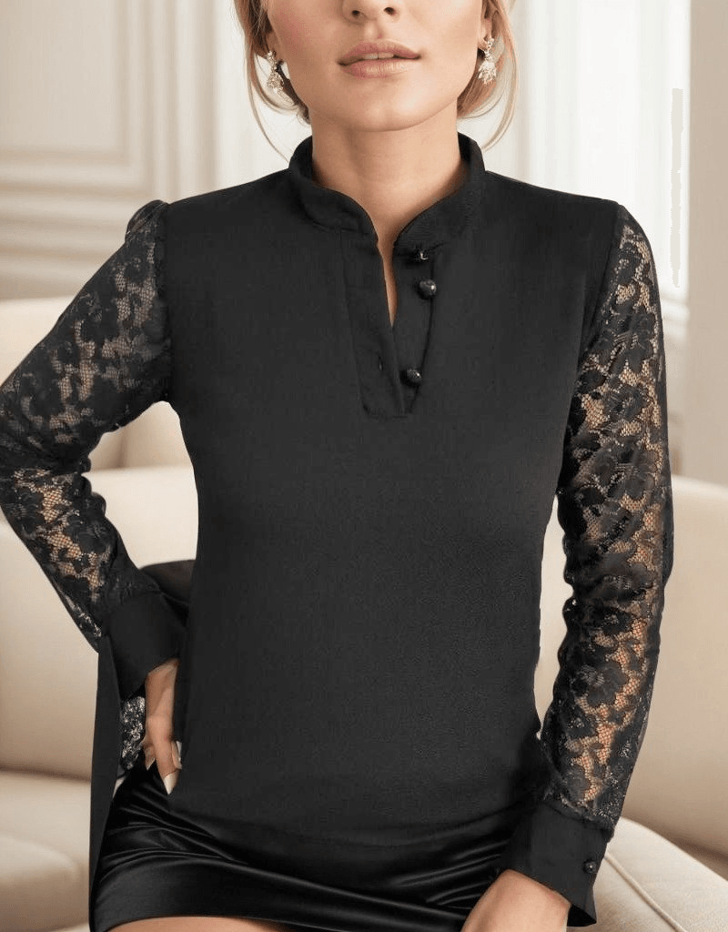 Women's Long Sleeve Crepe Blouse with Button Detail and Lace Sleeves - Janes - by Peralane - photo 7