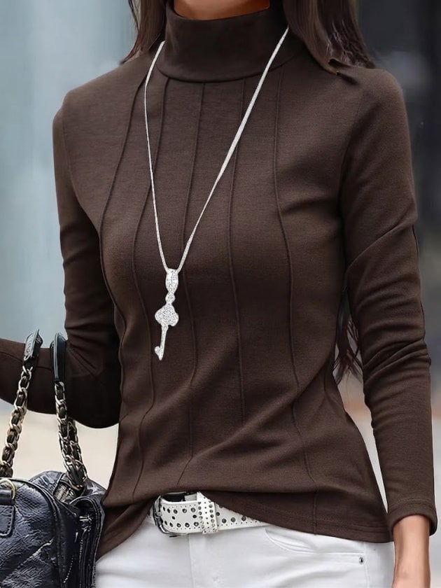 Women's Long-Sleeved Turtleneck Ribbed Modal Blouse - Janes - by Peralane