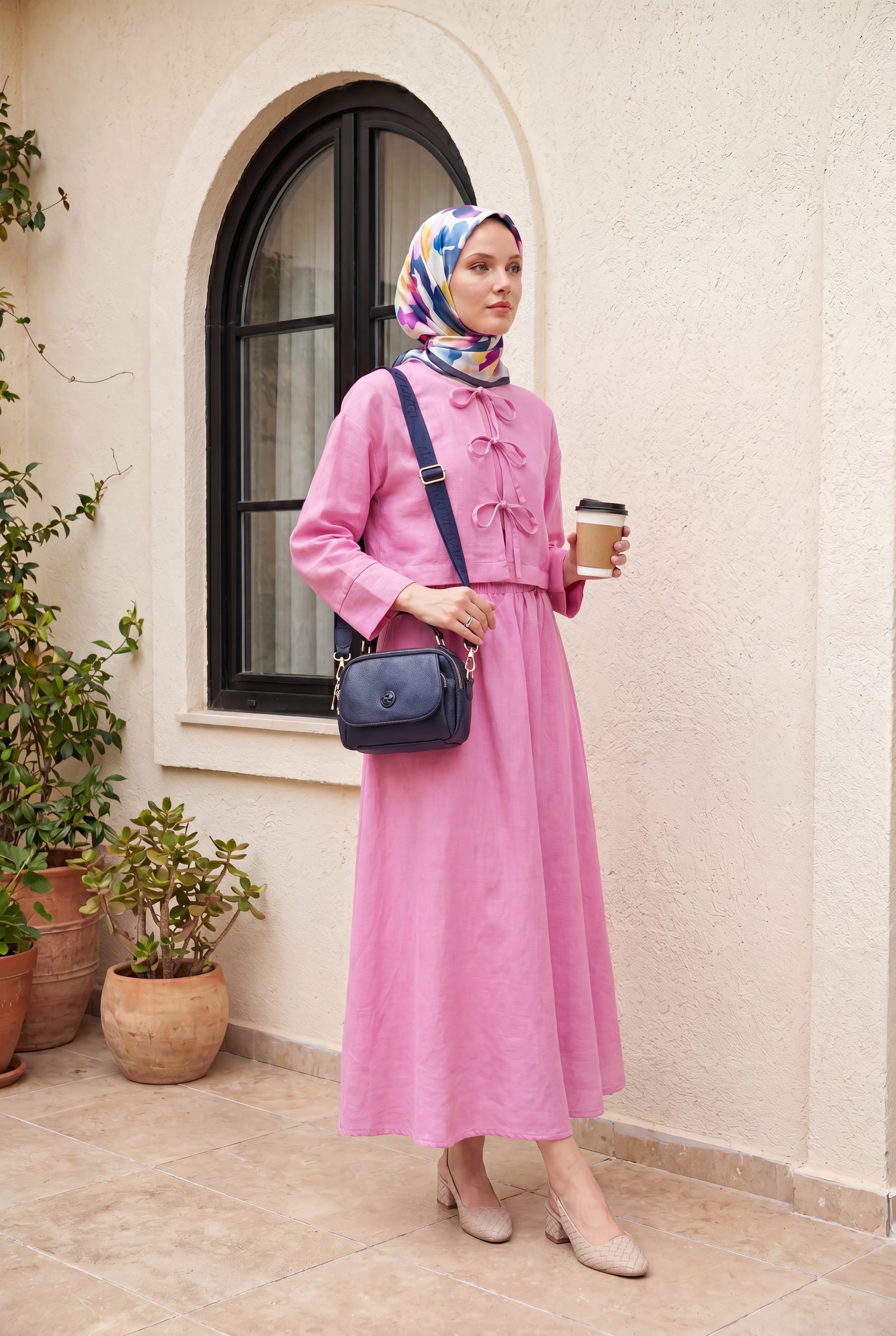 Women's Two-Piece Linen Look Tie-Front Jacket and Skirt Set - Pink - Podyumplus - by Peralane - photo 2