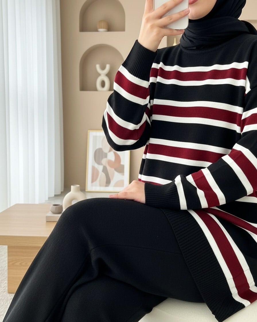 Black Striped Knit Sweater and Wide-Leg Trousers Set - Podyumplus - by Peralane - photo 2