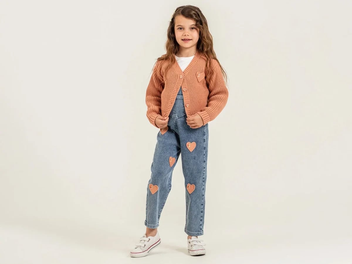 Girl's Knit Cardigan and Denim Jumpsuit Set with Heart Motif - Pampal Kids - by Peralane