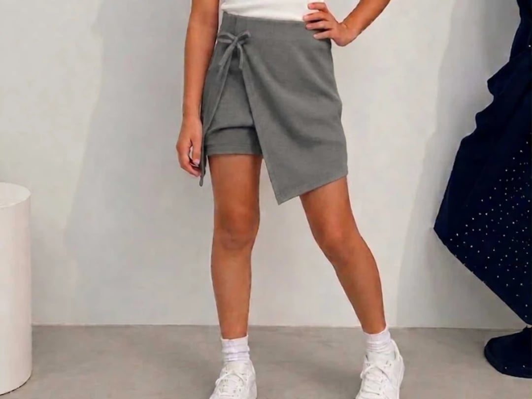 Girls' Wrap Skort with Drawstring, Ribbed Knit, Grey - Langa - by Peralane