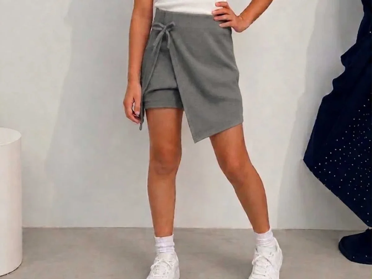 Girls' Wrap Skort with Drawstring, Ribbed Knit, Grey - Langa - by Peralane