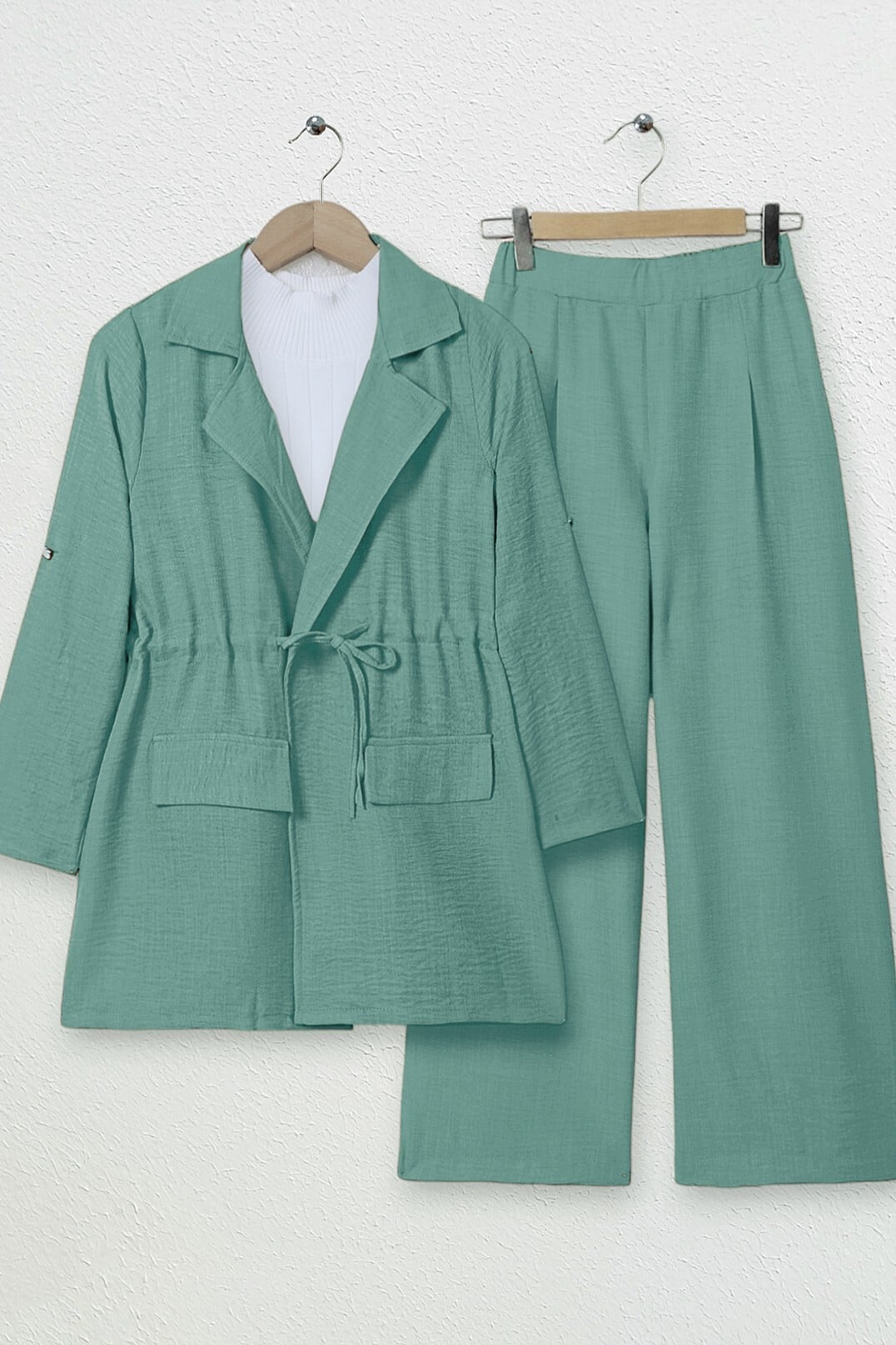 Linen Look Two-Piece Set with Jacket and Wide-Leg Trousers - Mint - Podyumplus - by Peralane - photo 5