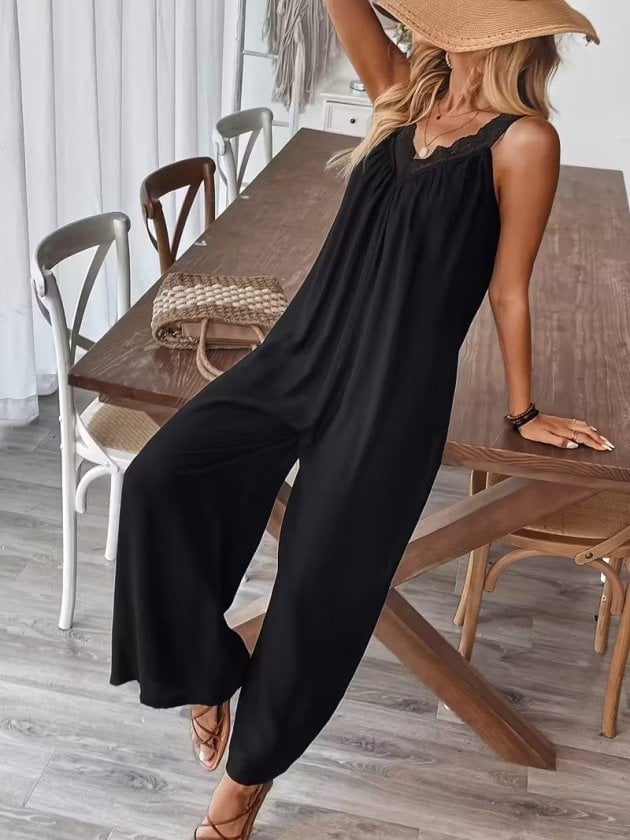 Women's Black V-Neck Lace Trim Wide-Leg Viscose Jumpsuit - Janes - by Peralane - photo 4