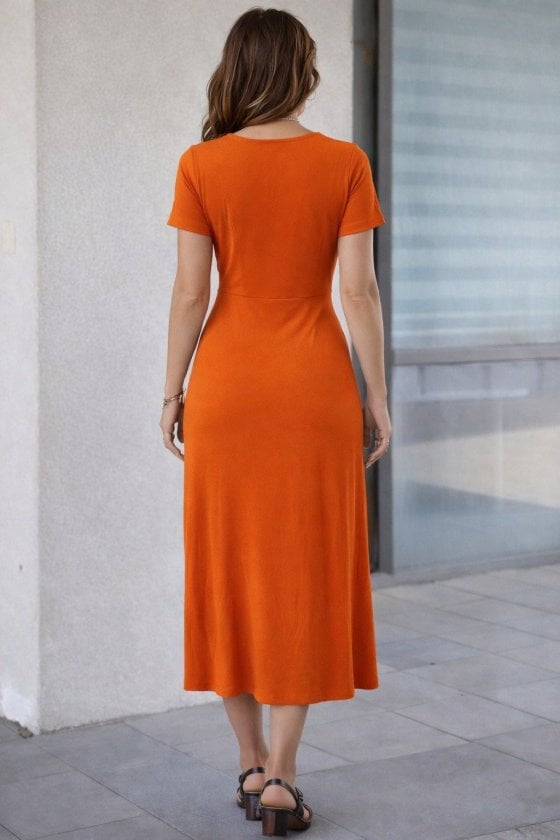 Women's Orange Midi Dress with Side Slit, Short Sleeves - Janes - by Peralane - photo 3