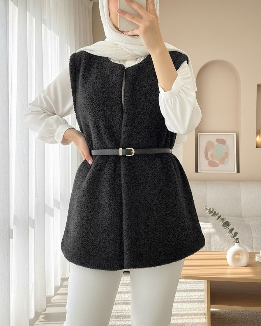 Black Belted Plush Lined Vest for Women - Podyumplus - by Peralane - photo 3