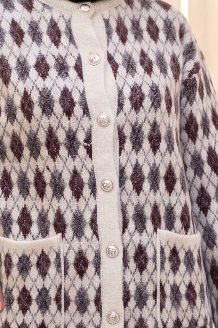 Cuffed Pocket Patterned Buttoned Soft Knit Cardigan - Stone Color - Podyumplus - by Peralane - photo 5