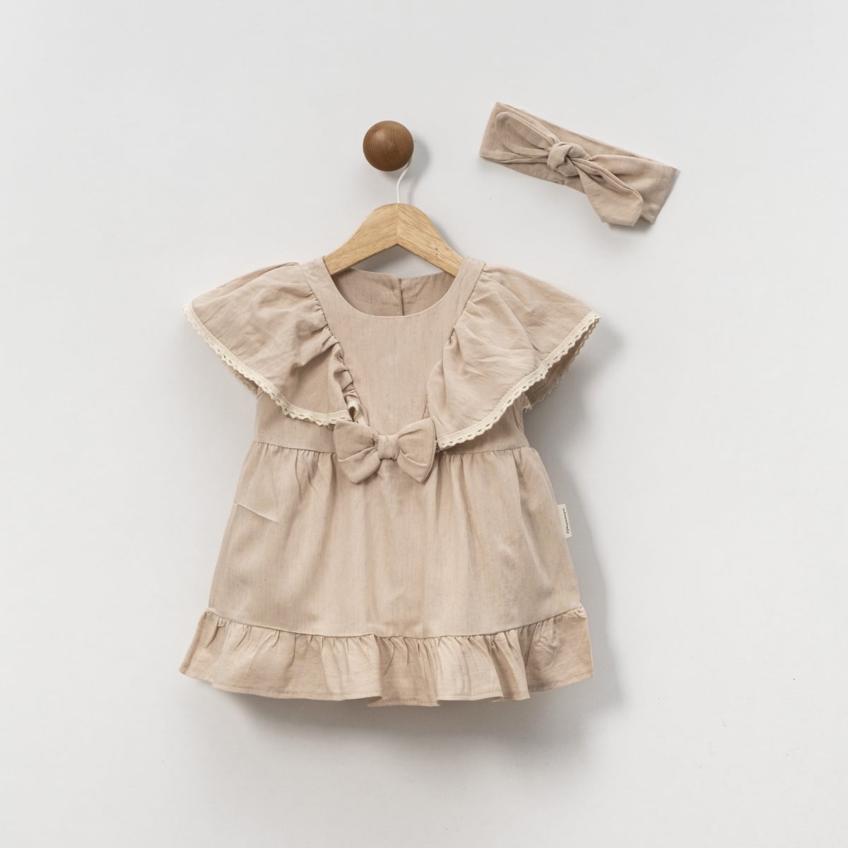 Beige Baby Girl Dress with Bow and Headband Set - Popshops - by Peralane