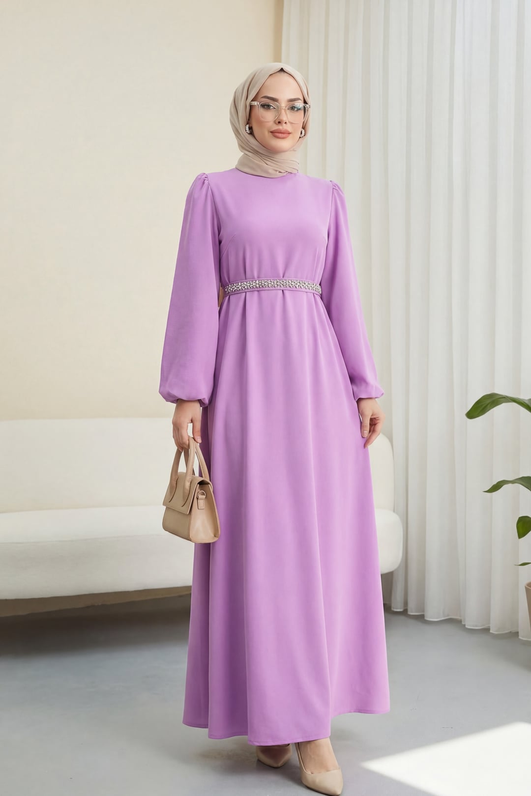 Crew Neck Balloon Sleeve Belted Dress - Pink - Podyumplus - by Peralane
