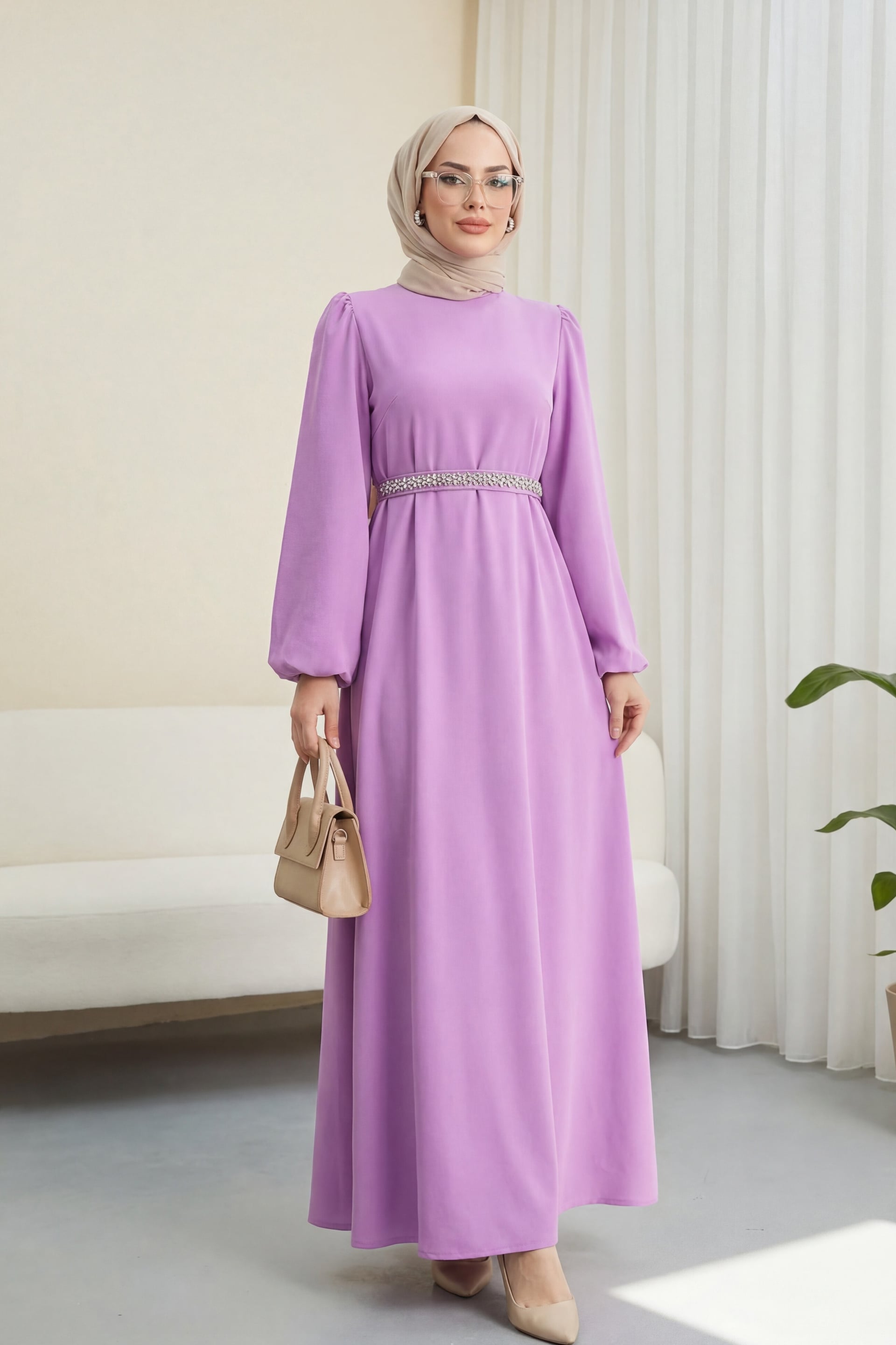 Crew Neck Balloon Sleeve Belted Dress - Pink - Podyumplus - by Peralane