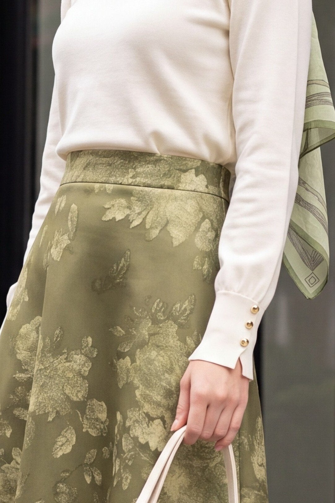 Floral Print Flared Scuba Skirt - Olive Green - Podyumplus - by Peralane - photo 7