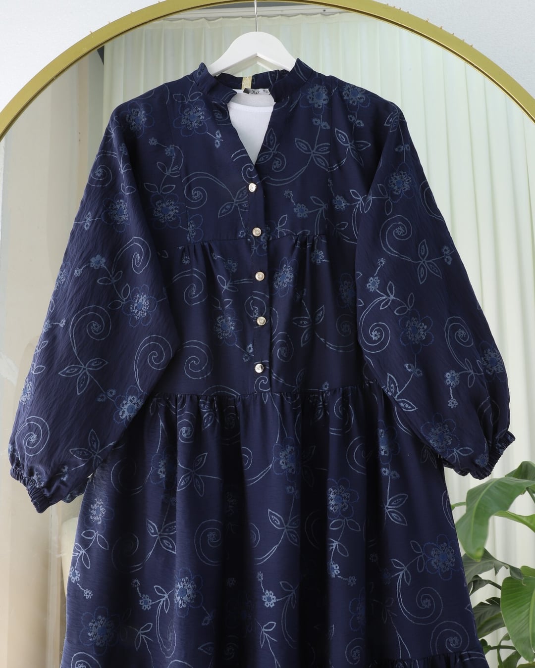 Navy Blue Floral Print Tiered Maxi Dress with Long Sleeves - Podyumplus - by Peralane - photo 7