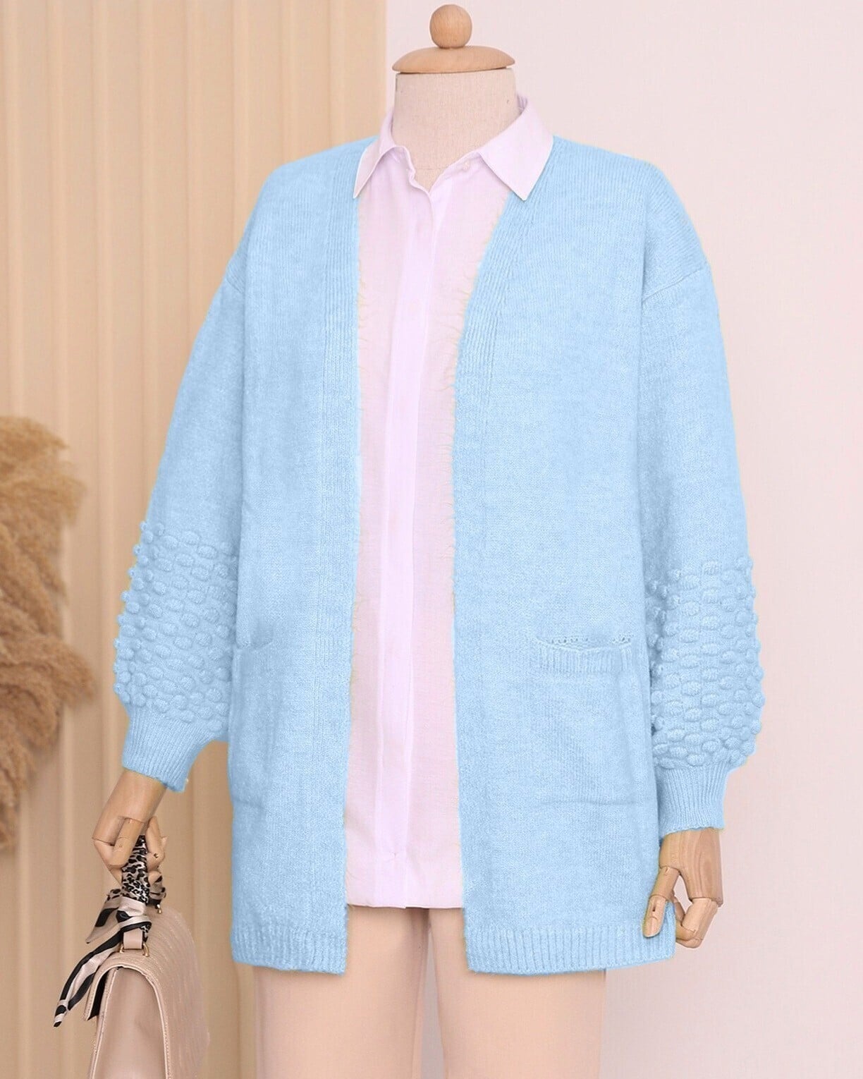 Balloon Sleeve Cardigan with Pom-Pom Detail and Pockets - Baby Blue - Podyumplus - by Peralane - photo 3