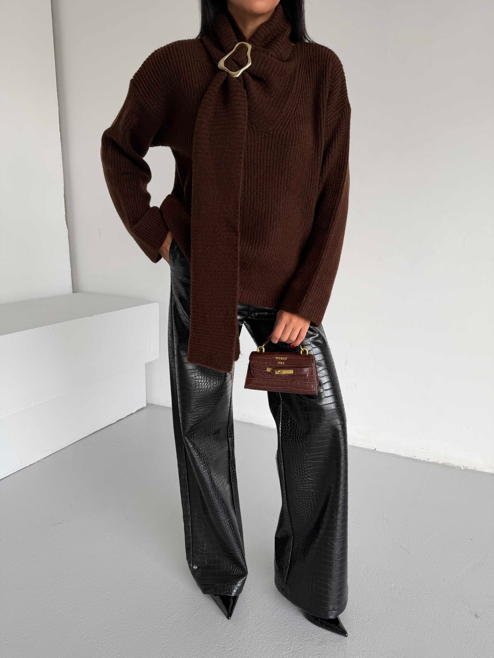 Brown Ribbed Knit Sweater with Scarf Detail for Women - My Bee - by Peralane - photo 2