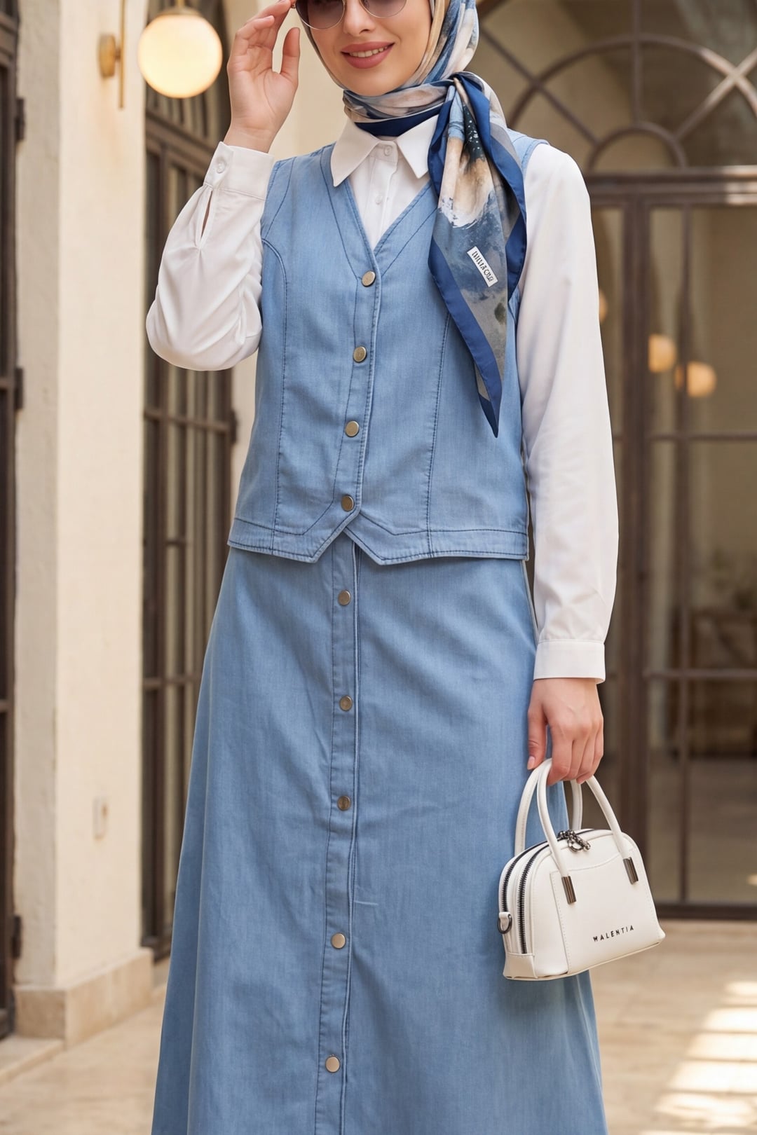 Buttoned Denim Vest and Skirt Co-ord Set - Light Blue - Podyumplus - by Peralane