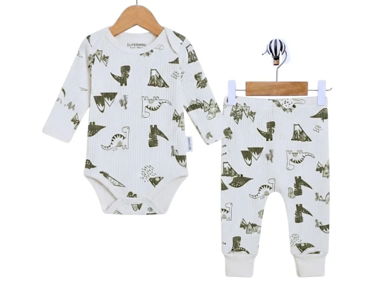 Dino Print Baby Boy Bodysuit and Trousers Set - Sea Green - Pack of 3 - Supermini - by Peralane