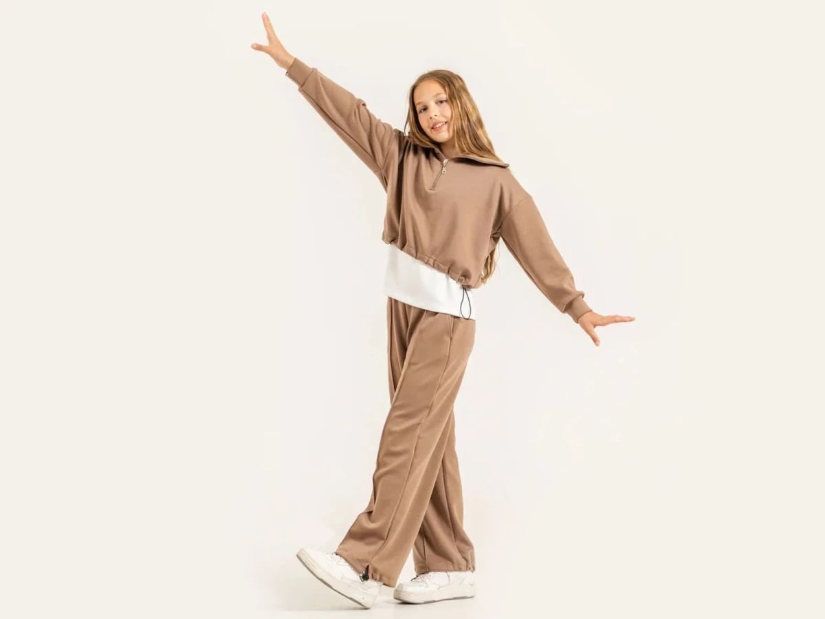 Girls' Zip-Neck Tracksuit Set - Taupe - Ages 10-14 - ÖZ Bebe - by Peralane