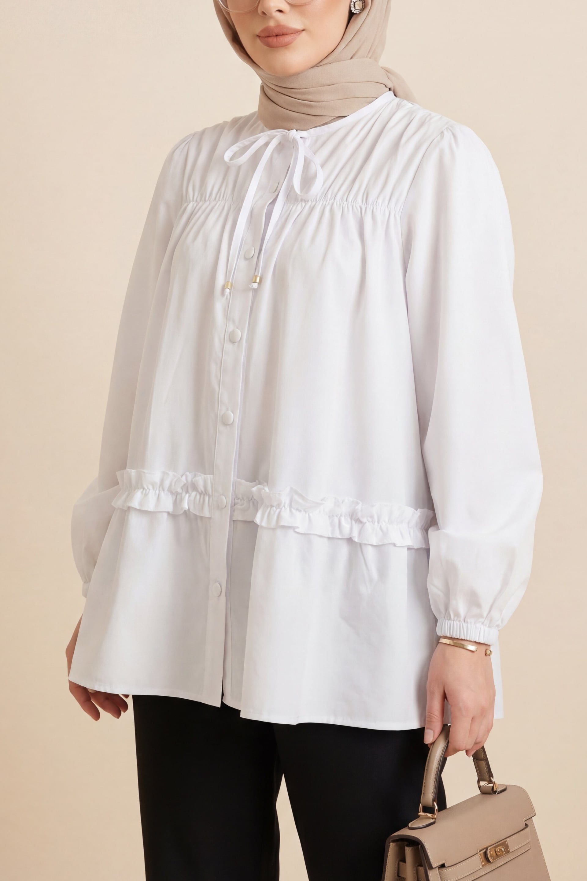 Ruffled Poplin Tunic with Smocked Yoke and Button Front - White - Podyumplus - by Peralane - photo 4